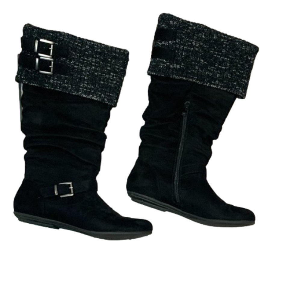 Corrinna Black Suede Buckle Boots with Sweater Cuff